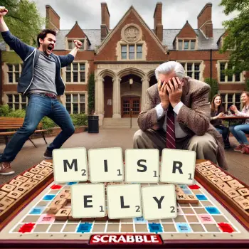 Creative illustration for a Scrabble game with the word MISRELY spelled out in tiles on the board.