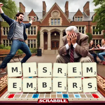 Creative illustration for a Scrabble game with the word MISREMEMBERS spelled out in tiles on the board.