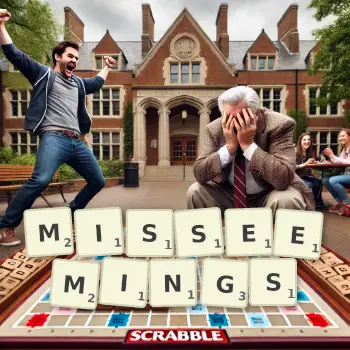 Creative illustration for a Scrabble game with the word MISSEEMINGS spelled out in tiles on the board.