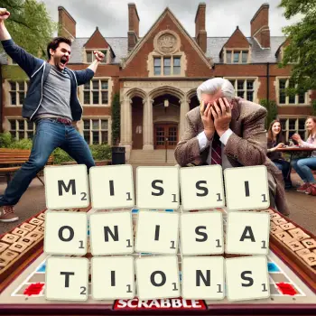 Creative illustration for a Scrabble game with the word MISSIONISATIONS spelled out in tiles on the board.