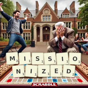 Creative illustration for a Scrabble game with the word MISSIONIZED spelled out in tiles on the board.
