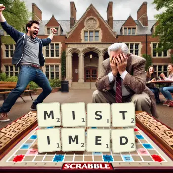 Creative illustration for a Scrabble game with the word MISTIMED spelled out in tiles on the board.