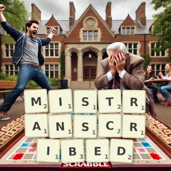 Creative illustration for a Scrabble game with the word MISTRANSCRIBED spelled out in tiles on the board.