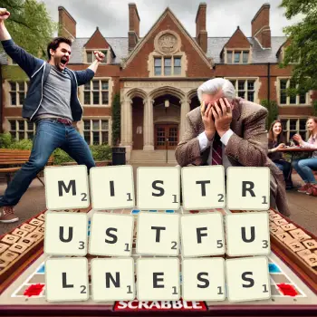Creative illustration for a Scrabble game with the word MISTRUSTFULNESS spelled out in tiles on the board.