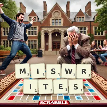 Creative illustration for a Scrabble game with the word MISWRITES spelled out in tiles on the board.