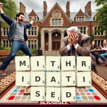 Creative illustration for a Scrabble game with the word MITHRIDATISED spelled out in tiles on the board.