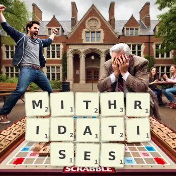 Creative illustration for a Scrabble game with the word MITHRIDATISES spelled out in tiles on the board.