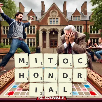 Creative illustration for a Scrabble game with the word MITOCHONDRIAL spelled out in tiles on the board.