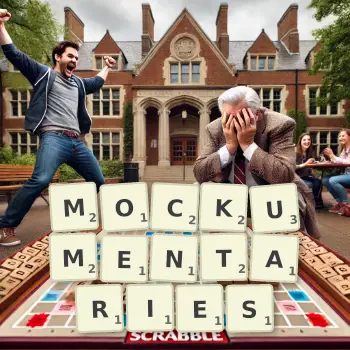 Creative illustration for a Scrabble game with the word MOCKUMENTARIES spelled out in tiles on the board.