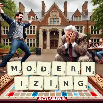 Creative illustration for a Scrabble game with the word MODERNIZING spelled out in tiles on the board.