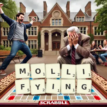 Creative illustration for a Scrabble game with the word MOLLIFYING spelled out in tiles on the board.