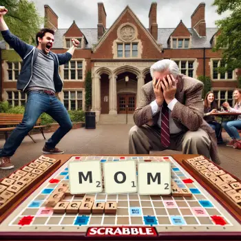 Creative illustration for a Scrabble game with the word MOM spelled out in tiles on the board.