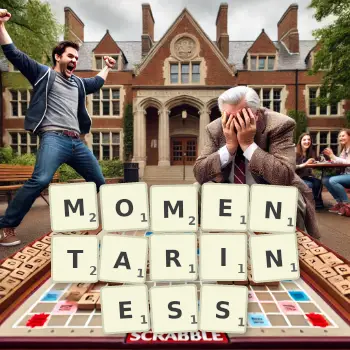 Creative illustration for a Scrabble game with the word MOMENTARINESS spelled out in tiles on the board.
