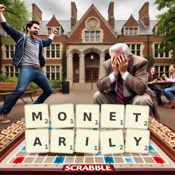 Creative illustration for a Scrabble game with the word MONETARILY spelled out in tiles on the board.