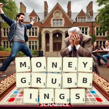 Creative illustration for a Scrabble game with the word MONEYGRUBBINGS spelled out in tiles on the board.