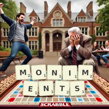 Creative illustration for a Scrabble game with the word MONIMENTS spelled out in tiles on the board.