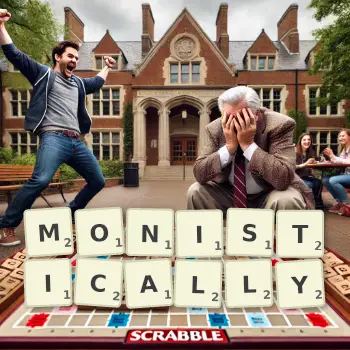 Creative illustration for a Scrabble game with the word MONISTICALLY spelled out in tiles on the board.
