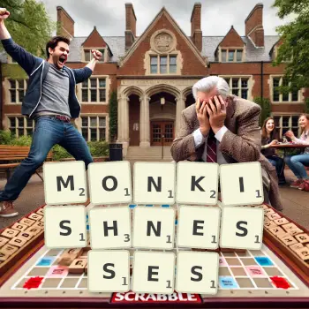 Creative illustration for a Scrabble game with the word MONKISHNESSES spelled out in tiles on the board.