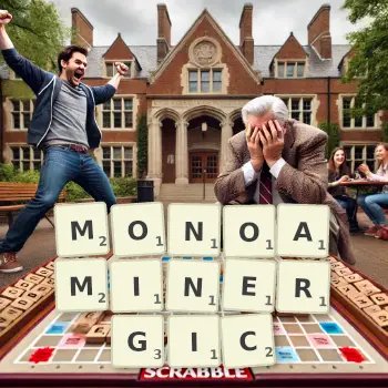 Creative illustration for a Scrabble game with the word MONOAMINERGIC spelled out in tiles on the board.