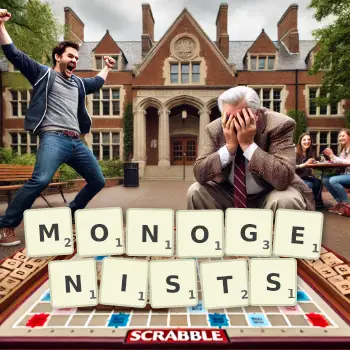 Creative illustration for a Scrabble game with the word MONOGENISTS spelled out in tiles on the board.