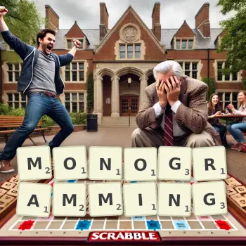 Creative illustration for a Scrabble game with the word MONOGRAMMING spelled out in tiles on the board.