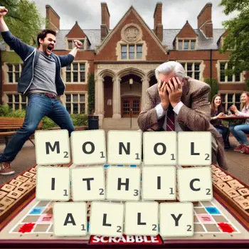 Creative illustration for a Scrabble game with the word MONOLITHICALLY spelled out in tiles on the board.