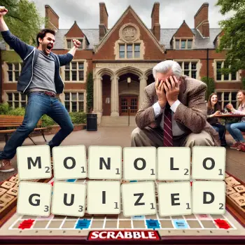 Creative illustration for a Scrabble game with the word MONOLOGUIZED spelled out in tiles on the board.
