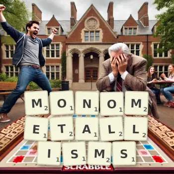Creative illustration for a Scrabble game with the word MONOMETALLISMS spelled out in tiles on the board.