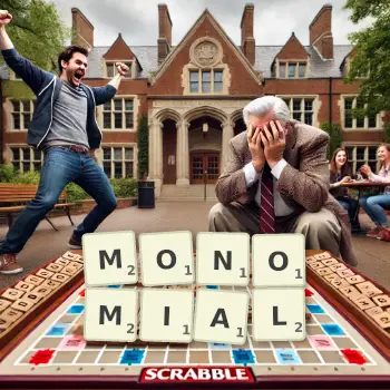 Creative illustration for a Scrabble game with the word MONOMIAL spelled out in tiles on the board.