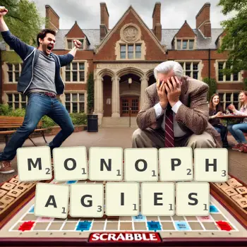 Creative illustration for a Scrabble game with the word MONOPHAGIES spelled out in tiles on the board.