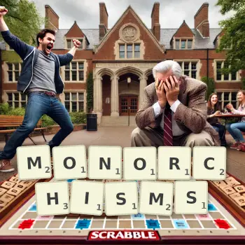 Creative illustration for a Scrabble game with the word MONORCHISMS spelled out in tiles on the board.