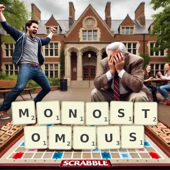 Creative illustration for a Scrabble game with the word MONOSTOMOUS spelled out in tiles on the board.