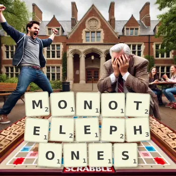 Creative illustration for a Scrabble game with the word MONOTELEPHONES spelled out in tiles on the board.