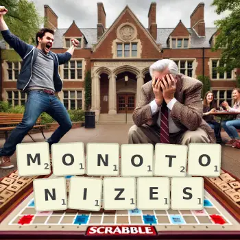 Creative illustration for a Scrabble game with the word MONOTONIZES spelled out in tiles on the board.