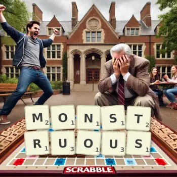 Creative illustration for a Scrabble game with the word MONSTRUOUS spelled out in tiles on the board.