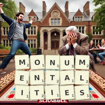 Creative illustration for a Scrabble game with the word MONUMENTALITIES spelled out in tiles on the board.
