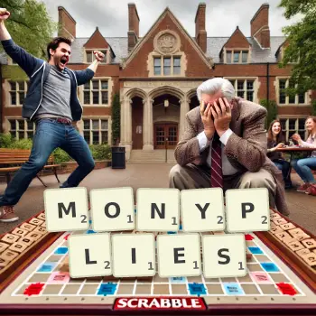 Creative illustration for a Scrabble game with the word MONYPLIES spelled out in tiles on the board.