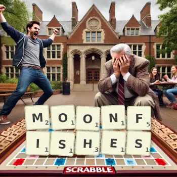 Creative illustration for a Scrabble game with the word MOONFISHES spelled out in tiles on the board.