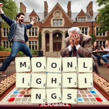 Creative illustration for a Scrabble game with the word MOONLIGHTINGS spelled out in tiles on the board.