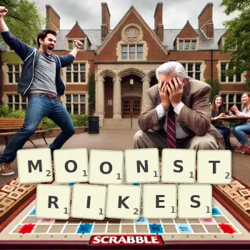 Creative illustration for a Scrabble game with the word MOONSTRIKES spelled out in tiles on the board.