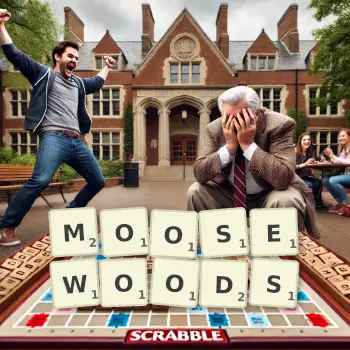 Creative illustration for a Scrabble game with the word MOOSEWOODS spelled out in tiles on the board.