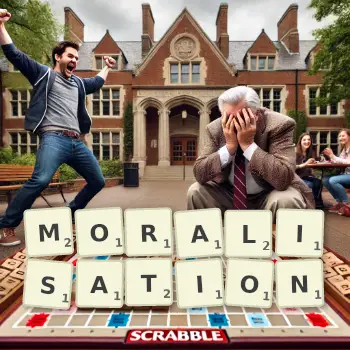 Creative illustration for a Scrabble game with the word MORALISATION spelled out in tiles on the board.