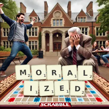 Creative illustration for a Scrabble game with the word MORALIZED spelled out in tiles on the board.