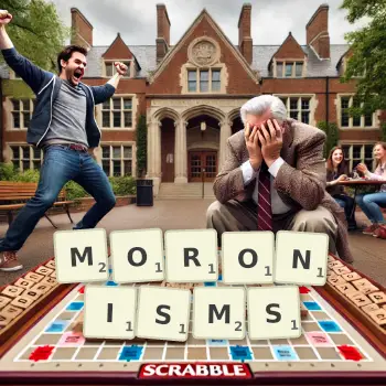 Creative illustration for a Scrabble game with the word MORONISMS spelled out in tiles on the board.