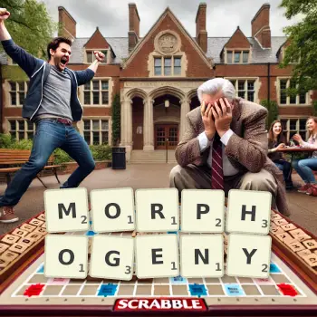 Creative illustration for a Scrabble game with the word MORPHOGENY spelled out in tiles on the board.