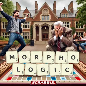 Creative illustration for a Scrabble game with the word MORPHOLOGIC spelled out in tiles on the board.