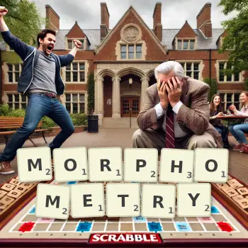 Creative illustration for a Scrabble game with the word MORPHOMETRY spelled out in tiles on the board.
