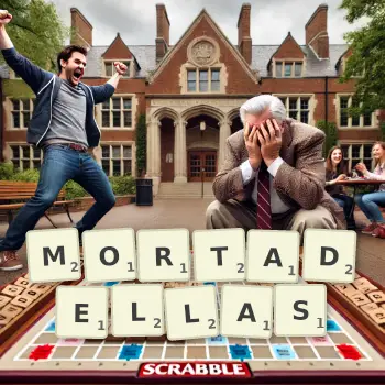 Creative illustration for a Scrabble game with the word MORTADELLAS spelled out in tiles on the board.