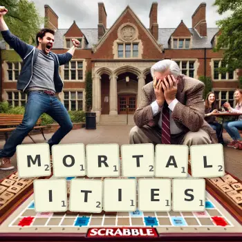 Creative illustration for a Scrabble game with the word MORTALITIES spelled out in tiles on the board.