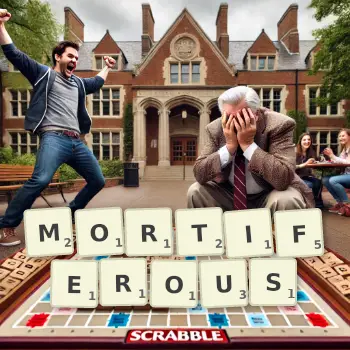Creative illustration for a Scrabble game with the word MORTIFEROUS spelled out in tiles on the board.